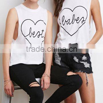 Unfinished Aarm Hole Cut Solid Color Cotton Best Babes Muscle Tee Set with Lovely Printing