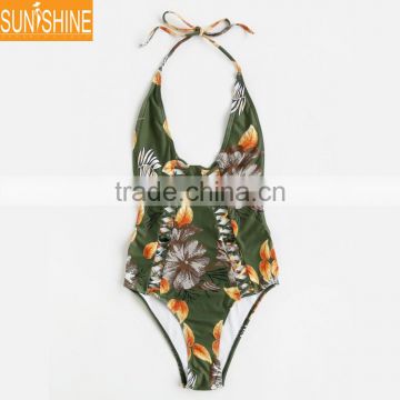 Fitness Stretchy Sportswear Gorgeous Floral Print Bikini Black Tan Mesh Cutout One Piece Swimsuit