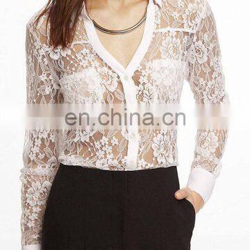 CHEFON Long convertible sleeve romantic beautiful sheer lace sexy women white lace fabric blouses