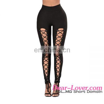 Drop Shipping Sexy Black Grommet Lace Up Front Women Tights Leggings