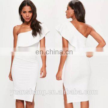 sexy white one shoulder frill split women bodycon midi dress