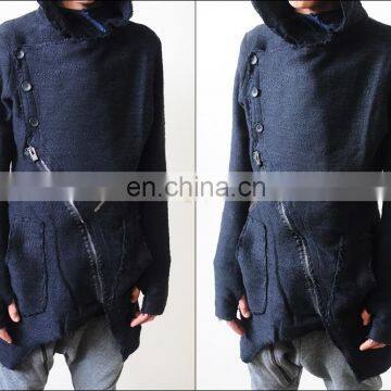 2017 Distressed Look Sweater Swetashirt Zipper Up Thumbs Hole Hoodie / Slim Fit / Front Button / Rear Neck Badge