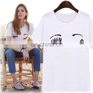 spring summer 2016 fashion embroidered eye blink short sleeves 100% cotton soft t shirts