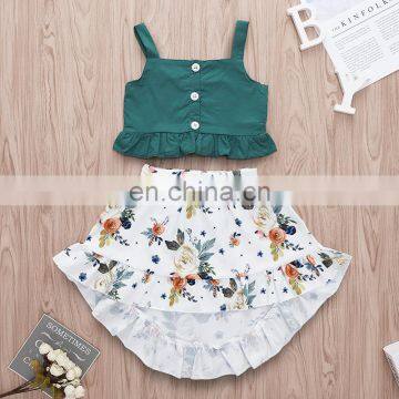 2019 new summer girls green buttons tops & floral full print dress skirt 2pc set