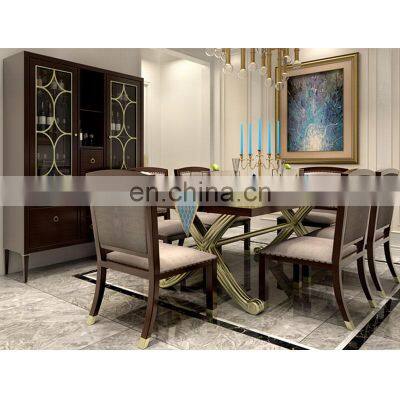 Modern design copper handle metal decor gold and silver home furniture 6 chairs wooden dining table sets luxury