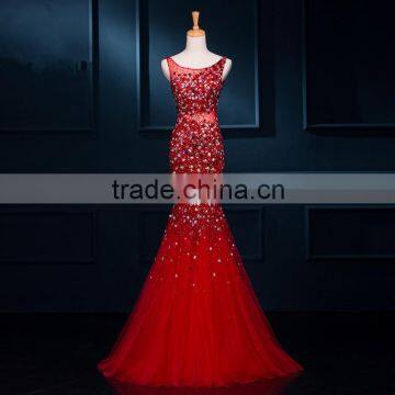 C71552A Fashion Elegant Sleeveless red Beaded Lace See Through Evening Dress Ladies Dinner Dresses