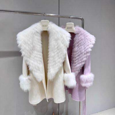 New autumn and winter wool double-sided woolen coat, imported fox fur collar fur silhouette tie coat, medium length