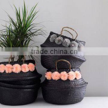 High quality best selling eco-friendly Black seagrass storage basket with Pink pompoms from Vietnam