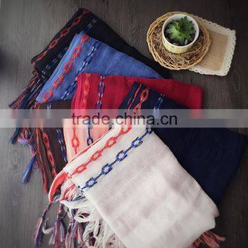 70CMX200CM Cotton Linen Women Pashmina Scarf with Colorful Fringes