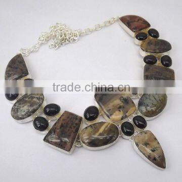 Black Onyx, Jasper Necklace plated 925 Sterling Silver 105 Gms 18-20 Inches