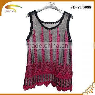 Latest summer loose casual fashion crochet lace blouse embroidered Lace sleeveless women tops blouse