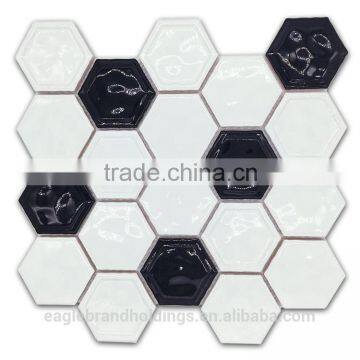handmake hexagon shaped ceramic glazed glossy kitchen tile sheet mosaic