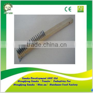 Long wooden handle Wire Brush With Stainless Scraper