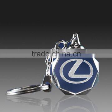 2015 popular latest style premium gifts metal rotary chain with logo design engraving navy bule crystal custom keychain