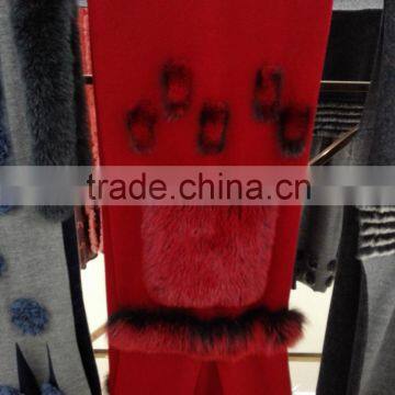 Factory price ladies cashmere shawl with fox fur trim