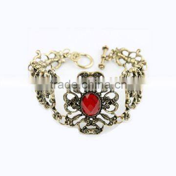 Retro Vintage Bronze Carved Hollow Flower Charm Bracelet Red Stone