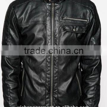 Men's faux biker leather jacket with front zip closure