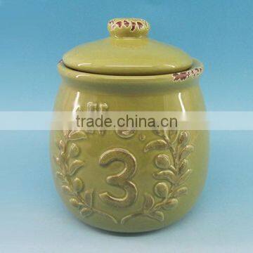 High quality embossed ceramic spice jar ,embossed ceramic spice storage jar