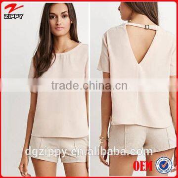 2015 Latest tops designs fashion buckled V-back crepe tops for women