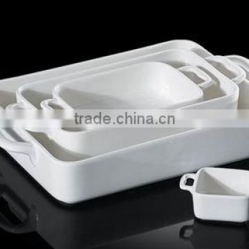 H7926 high quality white porcelain rectangle bake pan with handle