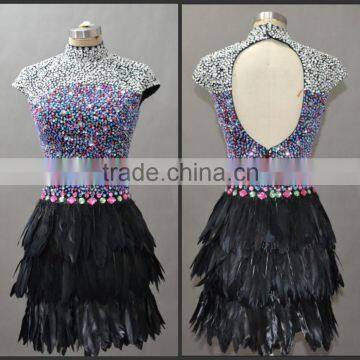 Cap Sleeve High Neck Back Hole Latest Designs Custom Made Cocktail Occasion Party CD066 feather dresses short