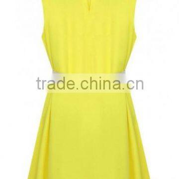 Yellow Plain Belt Turndown Collar Sleeveless Dress Casual Dresses for Women photo-2