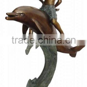 Brass antique nude boy riding a dolphin fountain outdoor decor