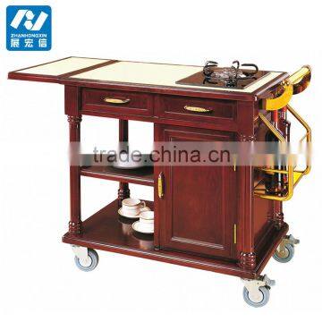 Hotel Luxury Flambe Solid Wood Cooking Trolley