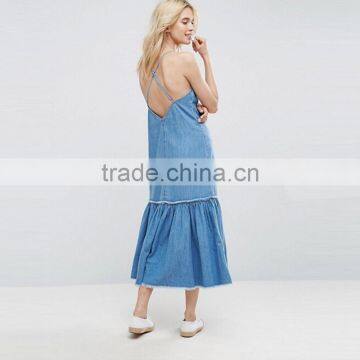 2017 Summer V Neck Cross Back Straps Maxi Long Denim Dress Woman HSD9982 photo-2