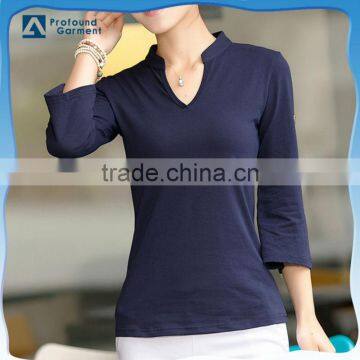 Women new fashion premium cotton v neck slim fit roll sleeve t-shirt for women