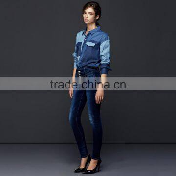 Hot Sale Women Denim Shirt With Pocket and Block Fashion Design Hot Sale photo-5