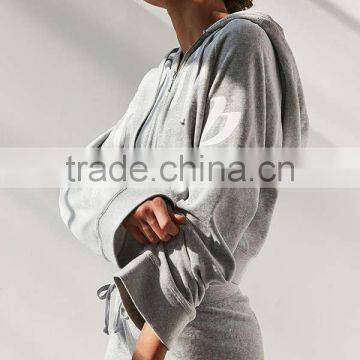 Grey Cropped Zip Hoodie Jacket Printing Long Sleeve 100% Cotton Terry Sweatshirt Loose Women's Hoody Sportswear photo-5