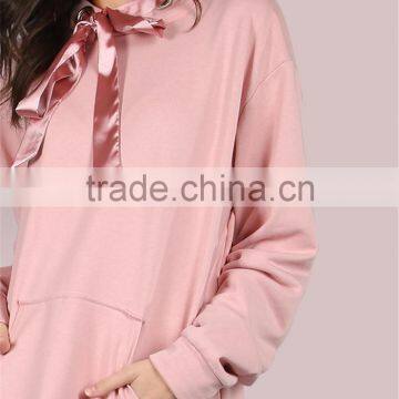 100% Cotton Oversized Satin Drawstring Hoodie With Pocket Front Rose Plain Longline Sweatshirt Drop Shoulder photo-5