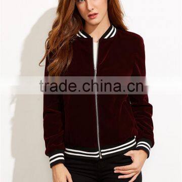 MGOO Women Burgundy Velvet Bomber Jacket With Striped Trim Plain Baseball Jacket Zipper Closure photo-5
