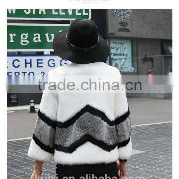 Trendy Rabbit Fur Coats For Women Winter Warm Natural Real Fur Coat Short Patchwork Strip Korean Style O-neck Jackets Customized photo-4