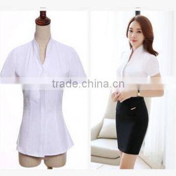 2017 Korean Design Pure Color Short Sleeve Polyester & Cotton Mix Ladies Tops Fashion Women Blouse photo-4