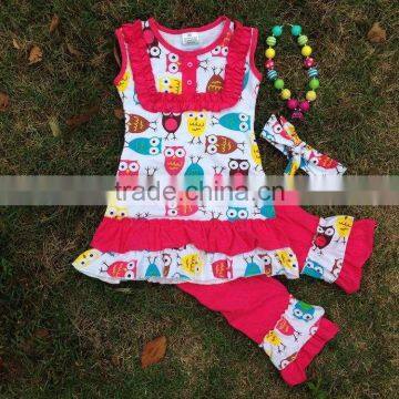 2016 new hot girls owl hot pink capri set outfits with matching necklace and bow