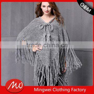 2017 Ladies Stylish Custom Made Tassels Hem Pullover Sweater Poncho With Best Quality