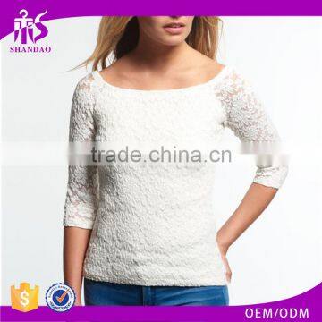 2016 Guangzhou Shandao Hot Selling New Arrivals Summer Casual Fat Women 3/4 Sleeve White Boat Neck Slim Lace Plus Size Top