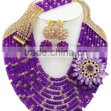 Purple Champagne Crystal Beads Luxury Brooches Nigerian Jewelry Set