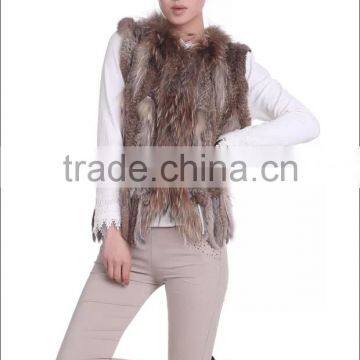 wholesale luxury high quality real rabbit fur knitting vest and knitted animal fur waistcoat with collar for women