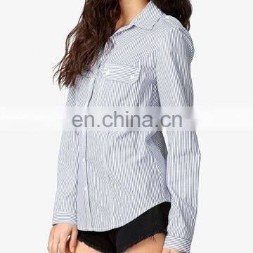 CHEFON Epaulette-Accented Vertical Stripe Button Down Blouse CB0778