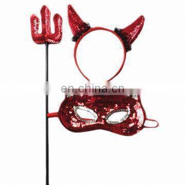 TKC-017 Halloween sequin devil headband and mask and trident