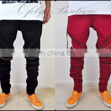 Biker Drop Crotch Side Pocket False Zip Open Knee Side Cotton Jogger Harem Pants