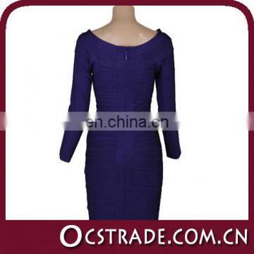 2014 long sleeve hot sell blue around neck strap evening dress