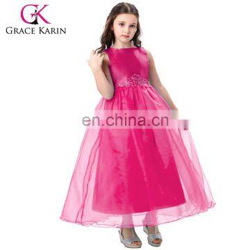 Grace Karin Full-Length Sleeveless Deep Pink Voile Satin Long Flower Girl Dress New Model Girl Dress 7~12 Years Old CL4491-3