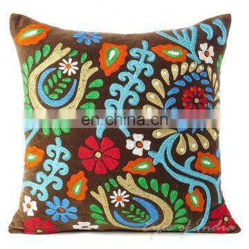 Suzani Embroidered Velvet Decorative Pillow Cushion Cover - 16 X 16"