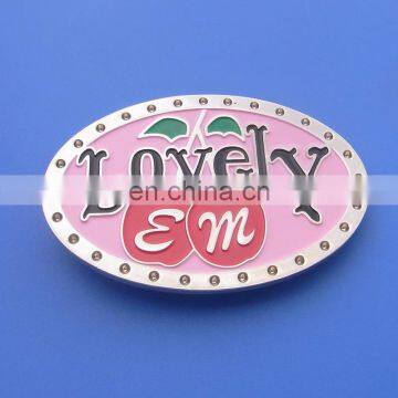 High quality oval shape zinc alloy enameled lovely and cherry logo belt buckle hook