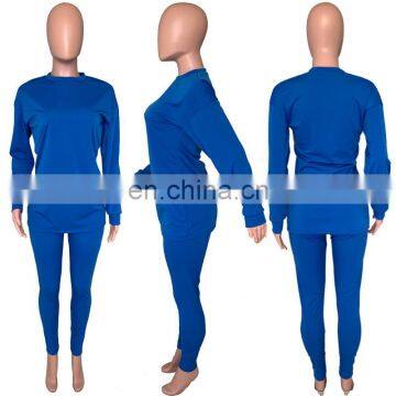 2020 Fashion Solid Color Women Long Sleeve With Legging 2 Two Piece Outfit Set photo-6