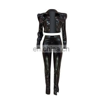Fashion Sexy Women Casual Outfits Winter Overalls PU Leather Crop Shirt+Split Pant Tracksuit Two Pieces Set photo-5